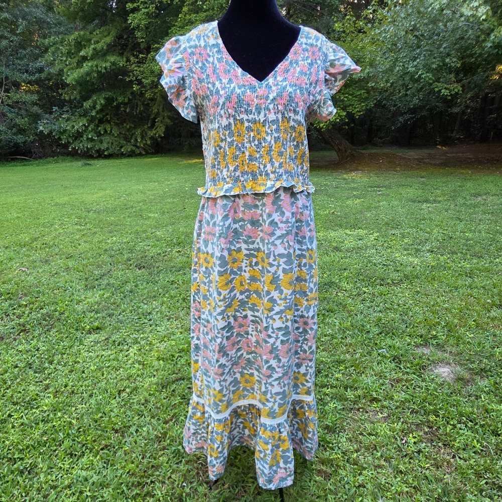 ANNA CATE Blakely Midi Dress Women's M Floral Cotton Smocked Cottagecore Ruffle
